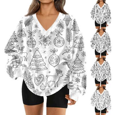 Женская модная повседневная толстовка с длинным рукавом и V-образным вырезом с рождественским принтом