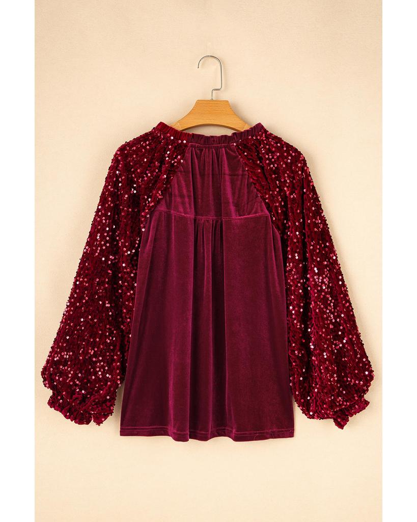 Azura Exchange Red Dahlia Sequin Patchwork Sleeve Button Up Velvet Top