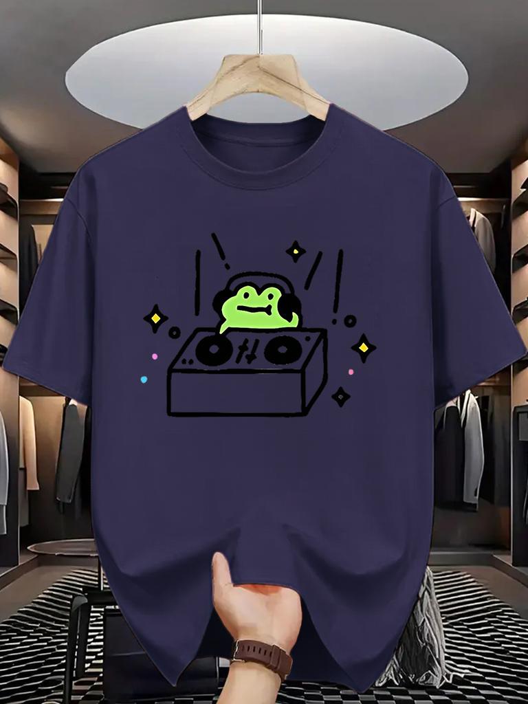 Unisex O Neck Tee Dj Frog Turntable Cartoon Print Cotton Short Sleeve Loose Summer Street Breathable Daily Casual Basic Wear Top