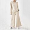 2 Pcs/Set Women Top Pants Suit Round Neck Long Sleeves Textured Solid Color Sweatshirt Elastic Waist Wide Leg Trousers Daily Wear Sport Outfit