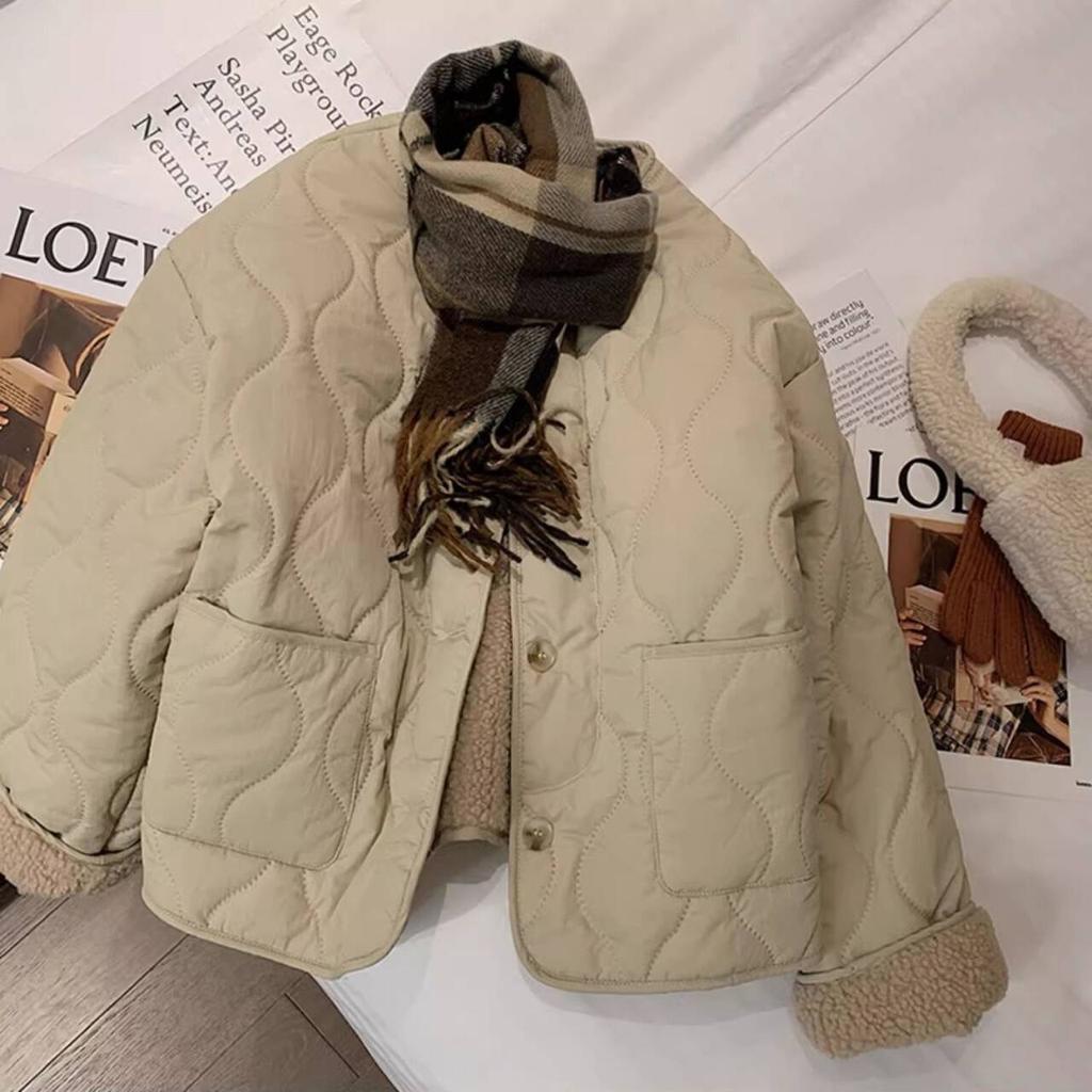 Women's Autumn Winter Pink Quilted Coat, Fleece Cuff Thick Warm Button Down Lined Cotton Outerwear