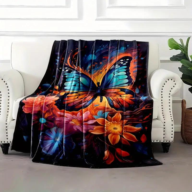 Butterfly with two-color wings flying among flowers Flannel blanket suitable for bedding, office, home, camping, warm, sofa, bed