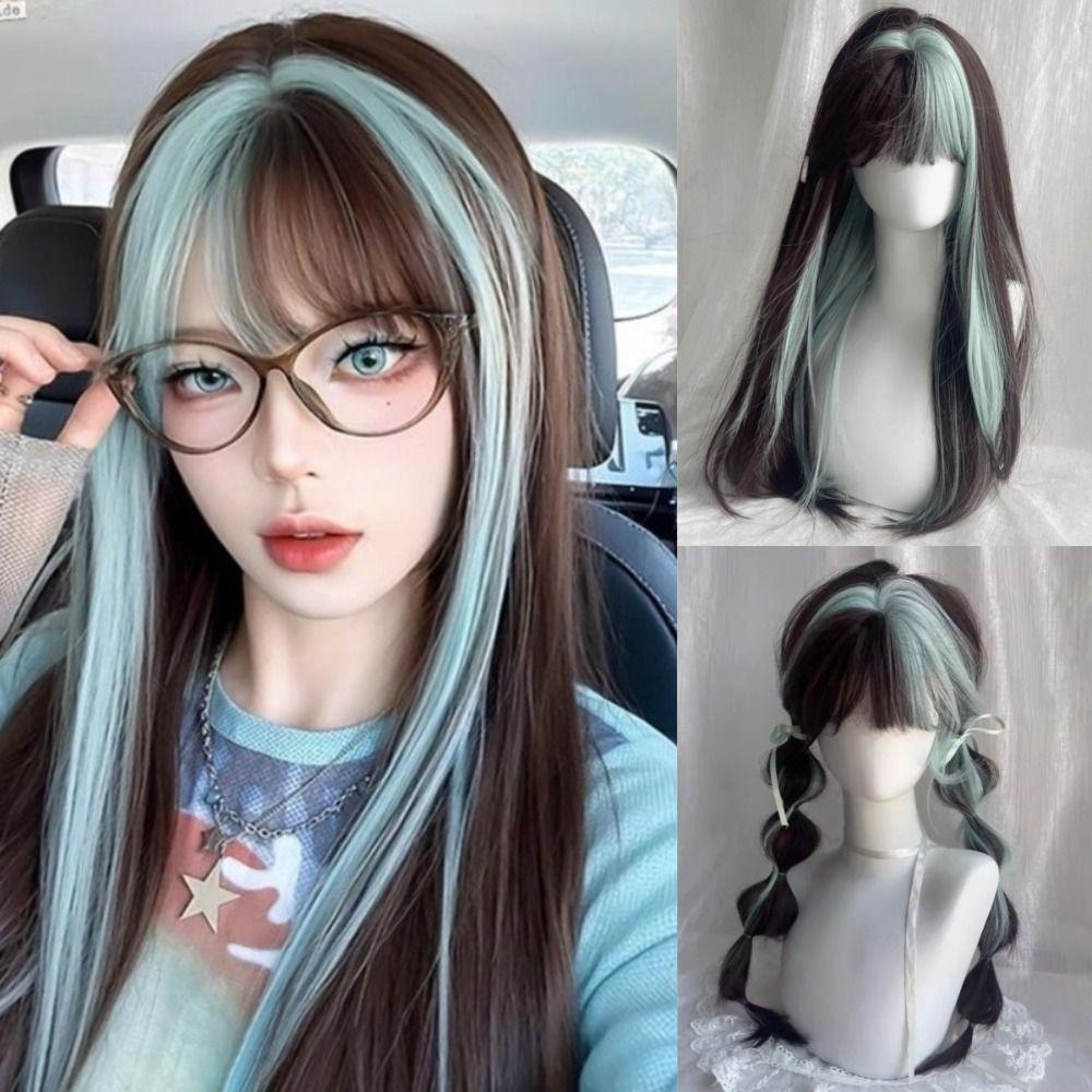Cosplay Ombre Mint Green Brown Hair Fluffy Long Straight Wig with Bangs Halloween