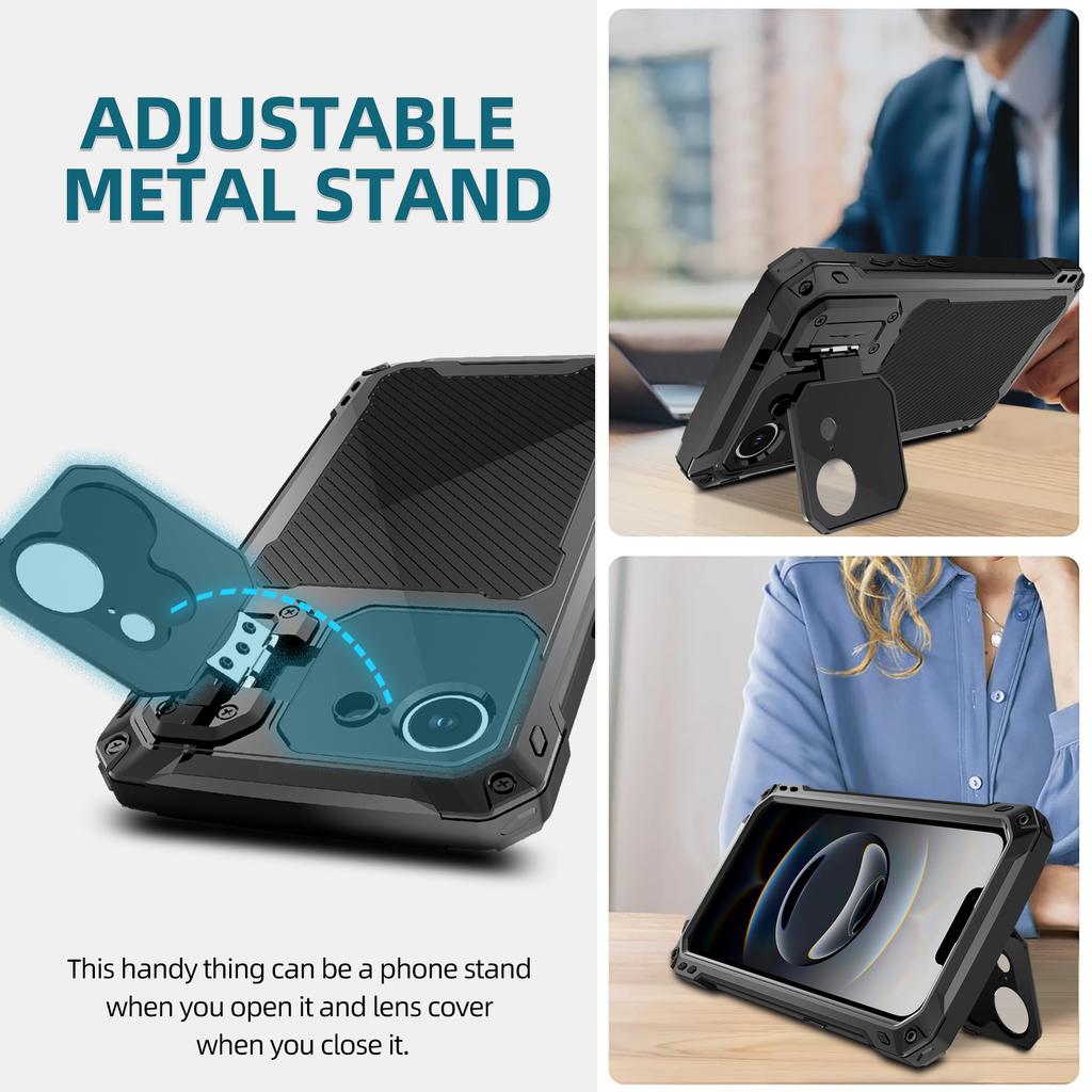 For iPhone 16e Case Aluminum Alloy+Silicone Lens Kickstand Phone Cover with Tempered Glass Film