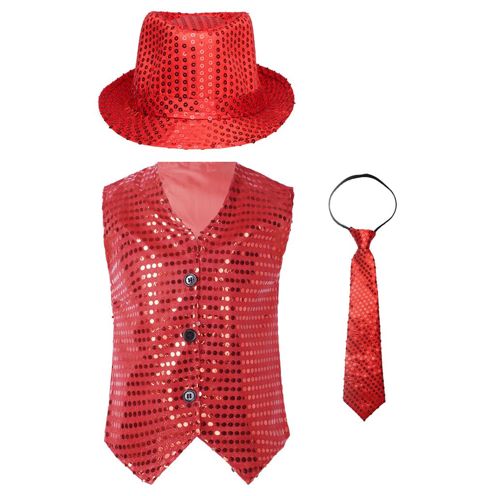 Жилет для джазовых танцев для мальчиков и девочек, без рукавов, с V-образным вырезом, с блестками и пуговицами, подходящая шляпа и галстук для выступлений на сцене
