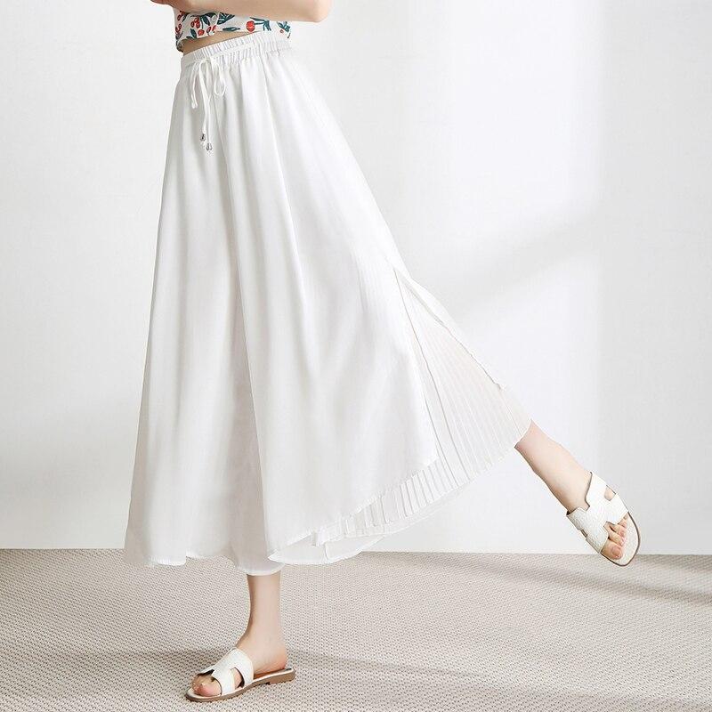 Spring Summer Chiffon Trousers Women's Tall Waisted Pleated Floating Nine Ice Silk Wide Leg Trousers Thin Skirt Trousers Draping Leisure Trousers