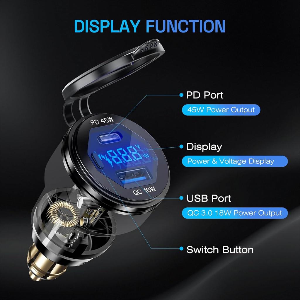 Din Hella Plug to USB Charger Adapter: 45W USB C PD3.0 & 18W QC3.0 Motorcycle Charger Outlet for 12V-24V BMW Triumph Tiger Ducati, Waterproof Dual