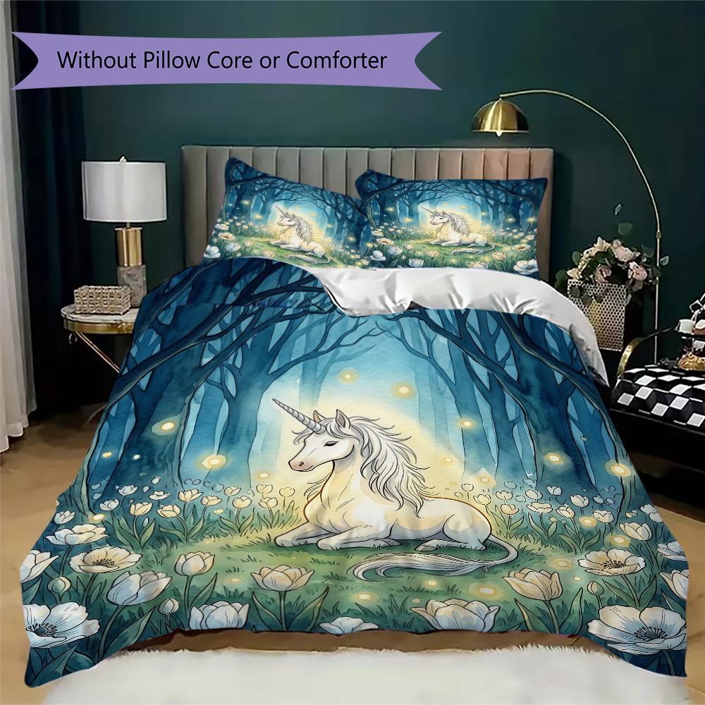 Fantasy Realistic Unicorn Pattern Bedding uilt Set uilt Cover Pillowcase Home Decoration Birthday Gift (1 * duvet cover + 2 * pillowcase without core)