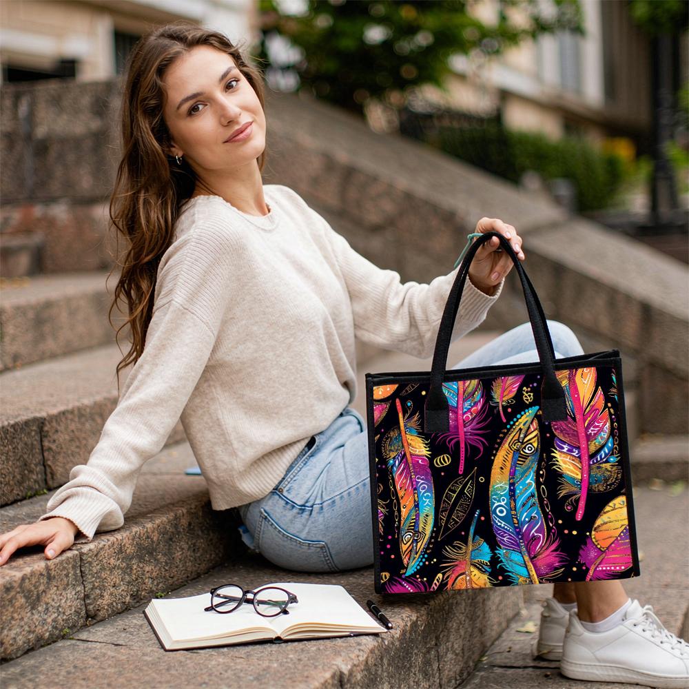 Colorful Feather Pattern Tote Bag Large Capacity Daily Use Shoulder Bag Fashion Casual Handbag for Shopping Travel