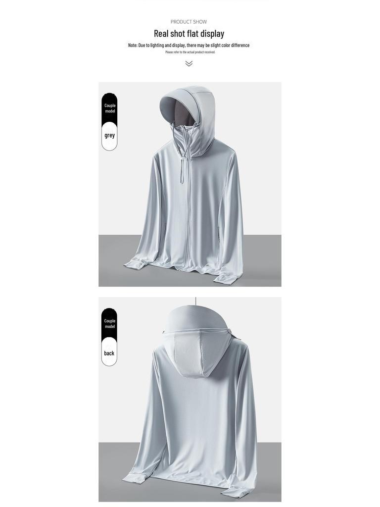 Мужская и женская спортивная ветровка с защитой от ультрафиолета и шапкой - ультратонкий ледяной шелк, эластичный, большой размер