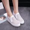 Comemore White Shoes Spring and Summer Wedge High Heels Women's Vulcanize Shoes Mesh Breathable Round Head Rhinestone Loafers