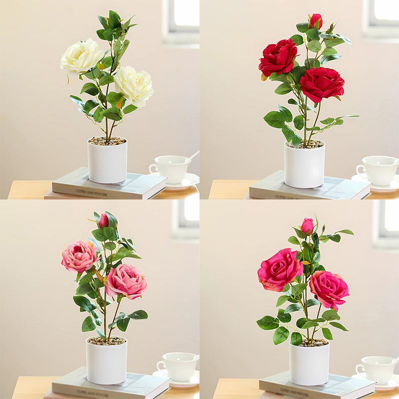 Artificial Rose Flowers Bonsai Fake Plant Potted Ornaments For Home Room Desktop Decoration Wedding Party Garden Floral Decors