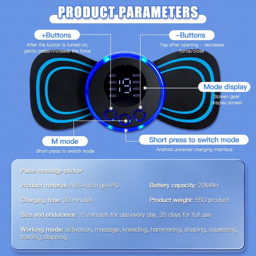 EMS Mini Electric Pulse Neck Masager LCD Display 8 Mode Cervical Massage Patch Muscle Pain Relief Tool Portable Body Massager
