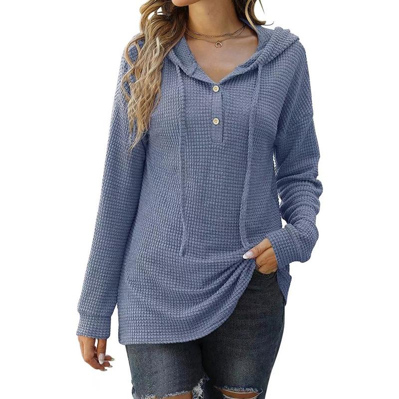 Autumn Winter Women's Loose Sports Knit Sweater, Long Sleeved Button Up Hooded Sweater