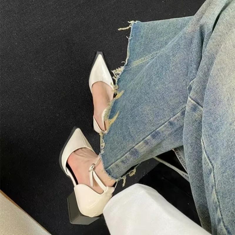 Summer 2025 New Women Black Fashion Sandals Woman Heels Pumps Sexy Pointed Toe Sandalias Female Low Heels Shoes