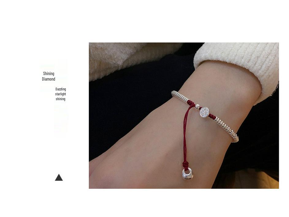 Браслет из стерлингового серебра S925 и красной веревки с круглыми бусинами - Подарок на удачу и мир