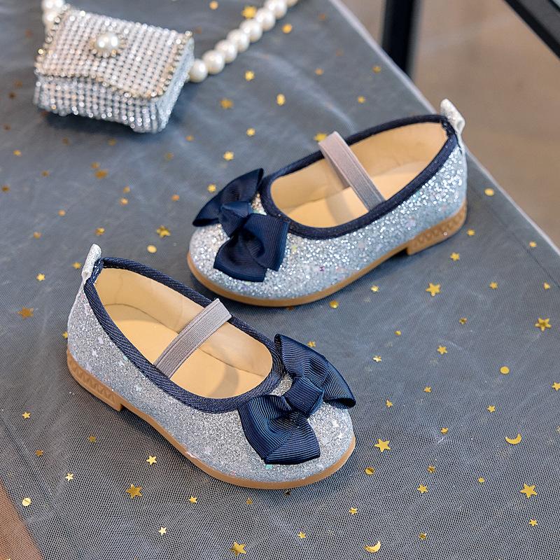 Spring and Autumn Girls' Fashionable Shallow Mouth Sequined Bow Breathable and Comfortable Soft-soled Leather Shoes