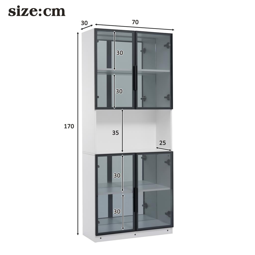 Glass Display Cabinet 70 × 30 × 170 cm with LED Lighting, Mirrored Back Panel, Grey Tempered Glass Doors, MDF, Living Room, Kitchen and Dining Room
