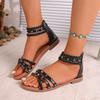 Fashion Roman Style Rivets Flat Sandals for Women Fashion Braided Ankle Strap Gladiator Sandals Woman Summer Comfy Non Slip Beach Shoes