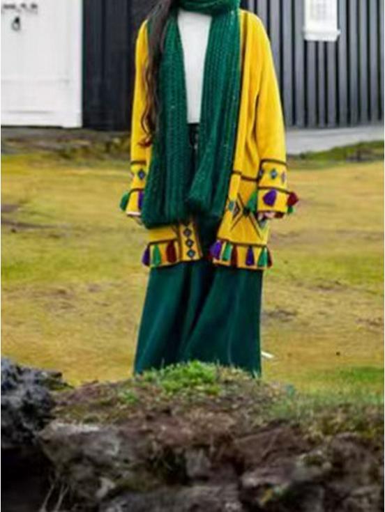 Women's Yellow Ethnic Tassel Knit Cardigan Coat