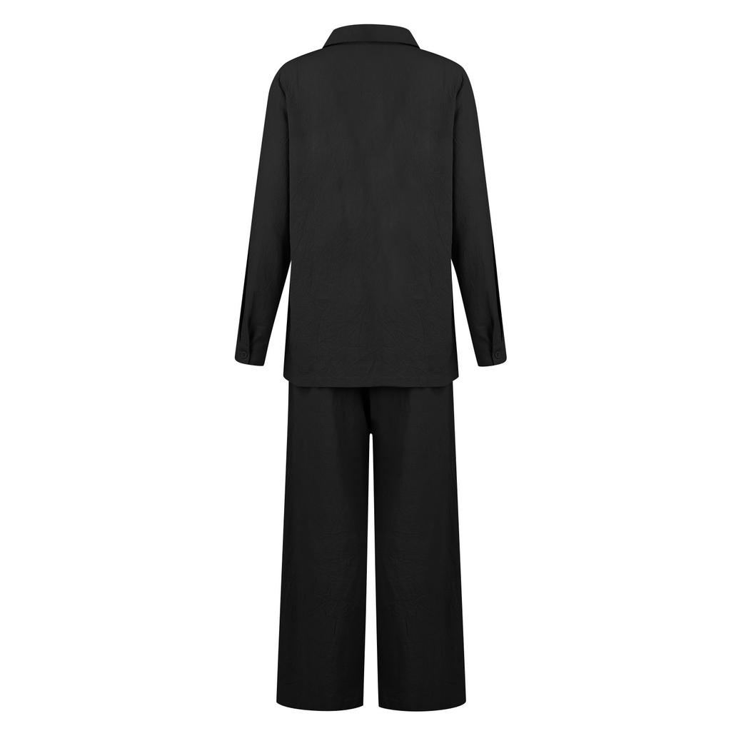 Женский льняной костюм-двойка. Льняной костюм. Брюки и рубашки с длинными рукавами. Повседневный брючный костюм оверсайз. Льняная блузка с v-образным вырезом. Свободные льняные брюки.