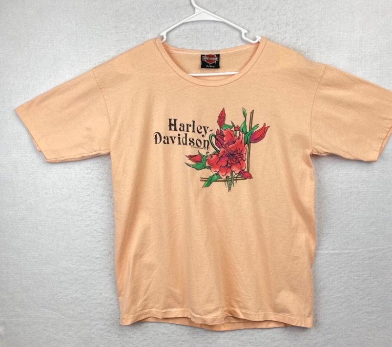 Vintage 1992 Harley Davidson Sacramento CA Tee Floral Graphic Crew Neck Orange