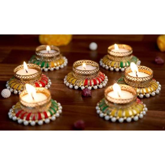 Beautiful Pearl Vibrant Color Candle Holder for Diwali, Event and Festival Decorations.