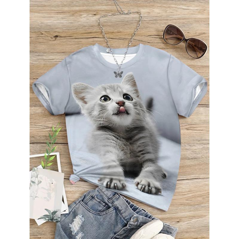 Одежда для девочек Футболка с принтом милого котенка 3D Детский топ с круглым вырезом и короткими рукавами