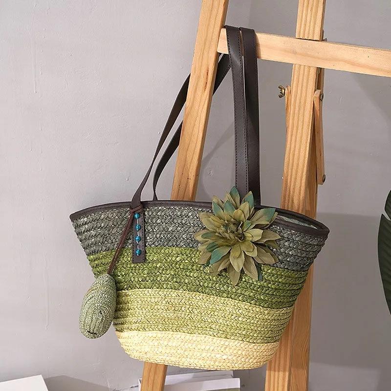 Knitted Straw Bag Summer Flower Bohemia Fashion Women's Handbags Color Stripes Shoulder Bags Beach ARI