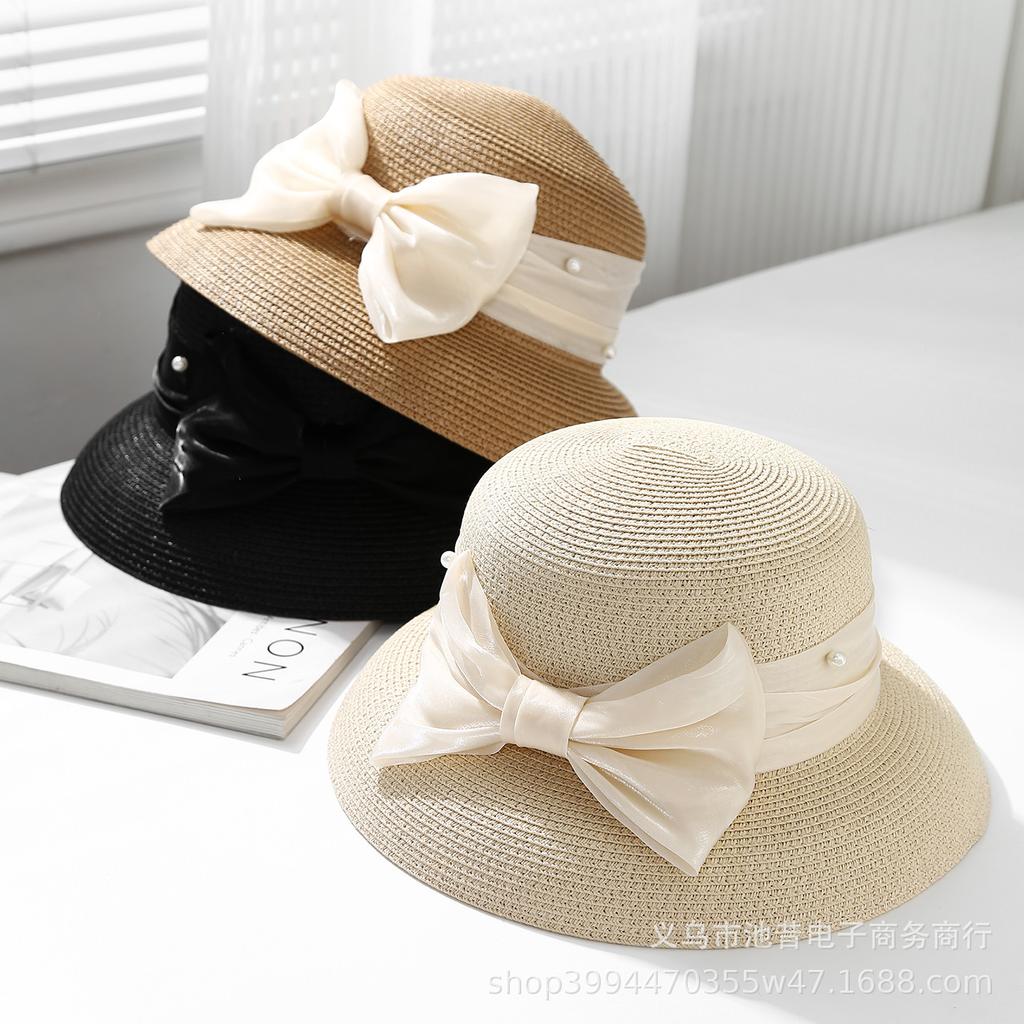 French bow Hepburn style straw hat women's summer vacation shading sun protection retro lampshade fashion fisherman hat