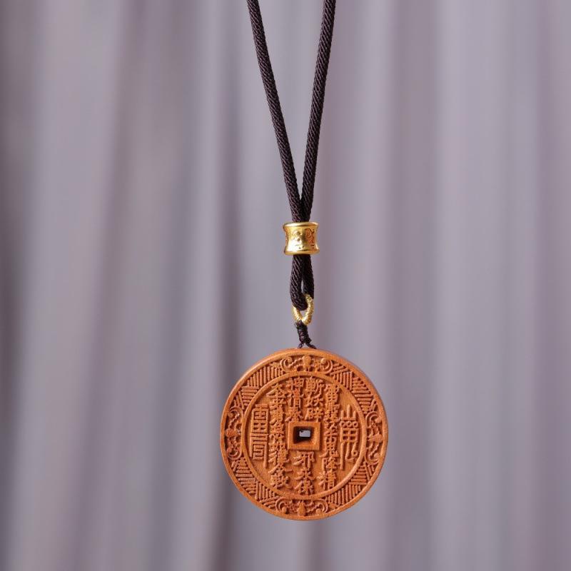 Jujube Wood Carved Mountain Ghost Necklace with Bagua Buckle and Seven Star Coin Pendant