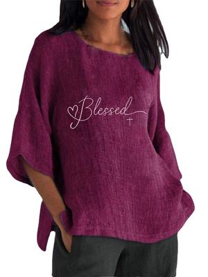 Женская мода Топ с рукавом 3/4 Весна&лето Круглый вырез Принтованная футболка Женский пуловер Хлопково-льняная блузка