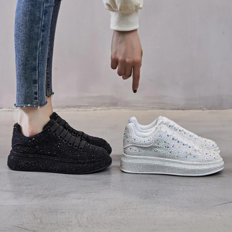 Модные 5 см Новые Стразы Натуральная Кожа Платформа Клин Повседневные Модные Массивные Кроссовки Весна Осень Женские Женские Туфли На Шнуровке