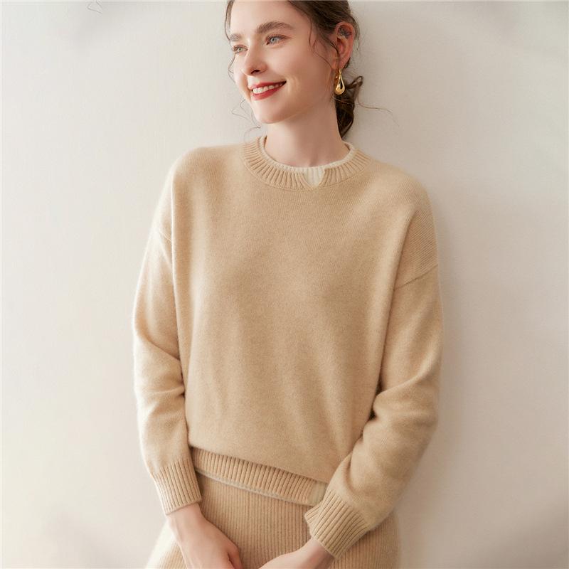 Women's Cashmere Color Block Slit Pullover: Autumn/Winter Thick Two-Piece Knitwear