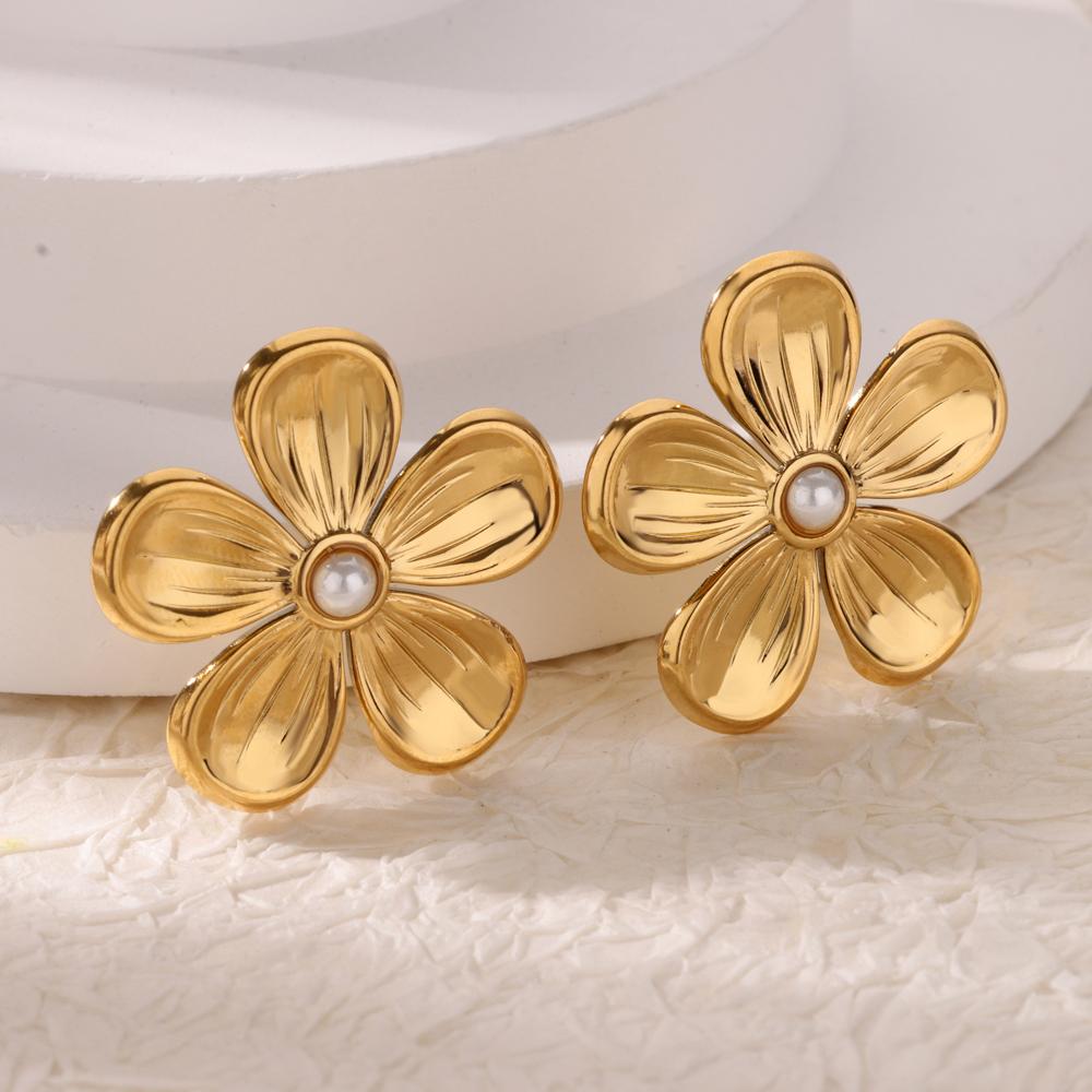 Geometric Pearl Flower Earrings For Women Gold Color Stainless Steel Flower Earring Wedding Christmas Party Jewelry Gift