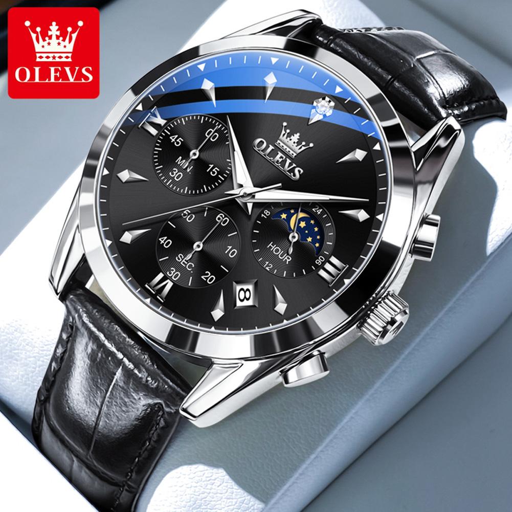 OLEVS Moon Phase Chronograph Man Watch Leather Strap Waterproof Luminous Luxury Brand Original Quartz Wrist Watches for Men 3609