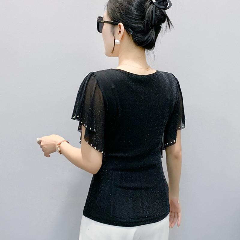 Летняя Новая Элегантная Футболка из Сетки с Короткими Рукавами и Круглым Вырезом Модные Рюши Горячие Бриллианты Женские Футболки Шикарные Рукава-Бабочки Повседневные Топы