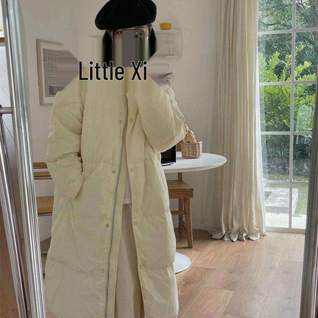 Женский пуховик средней длины в корейском стиле - Однотонный, воротник-стойка, свободный крой, теплая зимняя куртка.