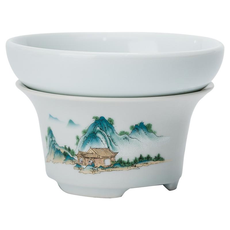 New retro celadon landscape flower bird tea leak Chinese ceramic tea filter tea set accessories tea separation filter set