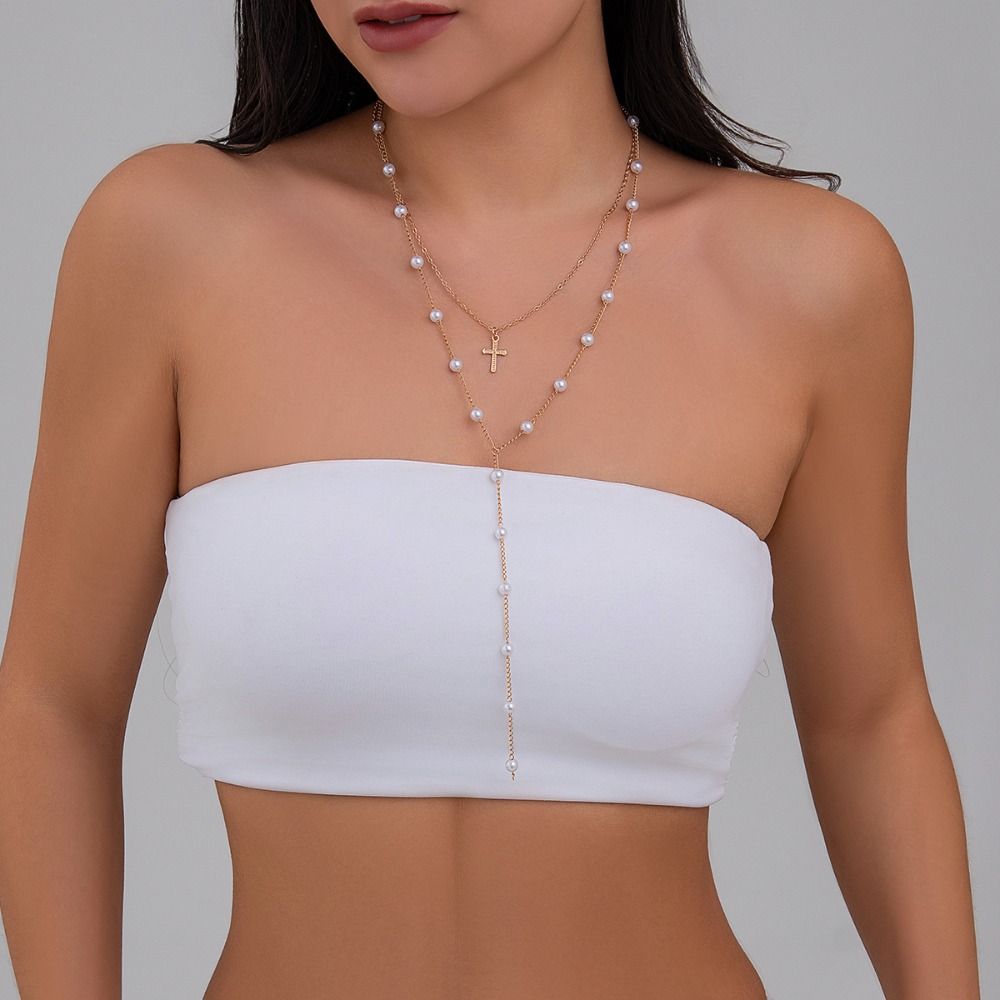 Long Tassel Imitation Pearl Necklace Flower Clavicle Chain Sweet Cross Pendant Necklace Couple