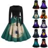 Halloween Print Flare Dress For Women Long Sleeve Dress Hollow Party Casual Dresses