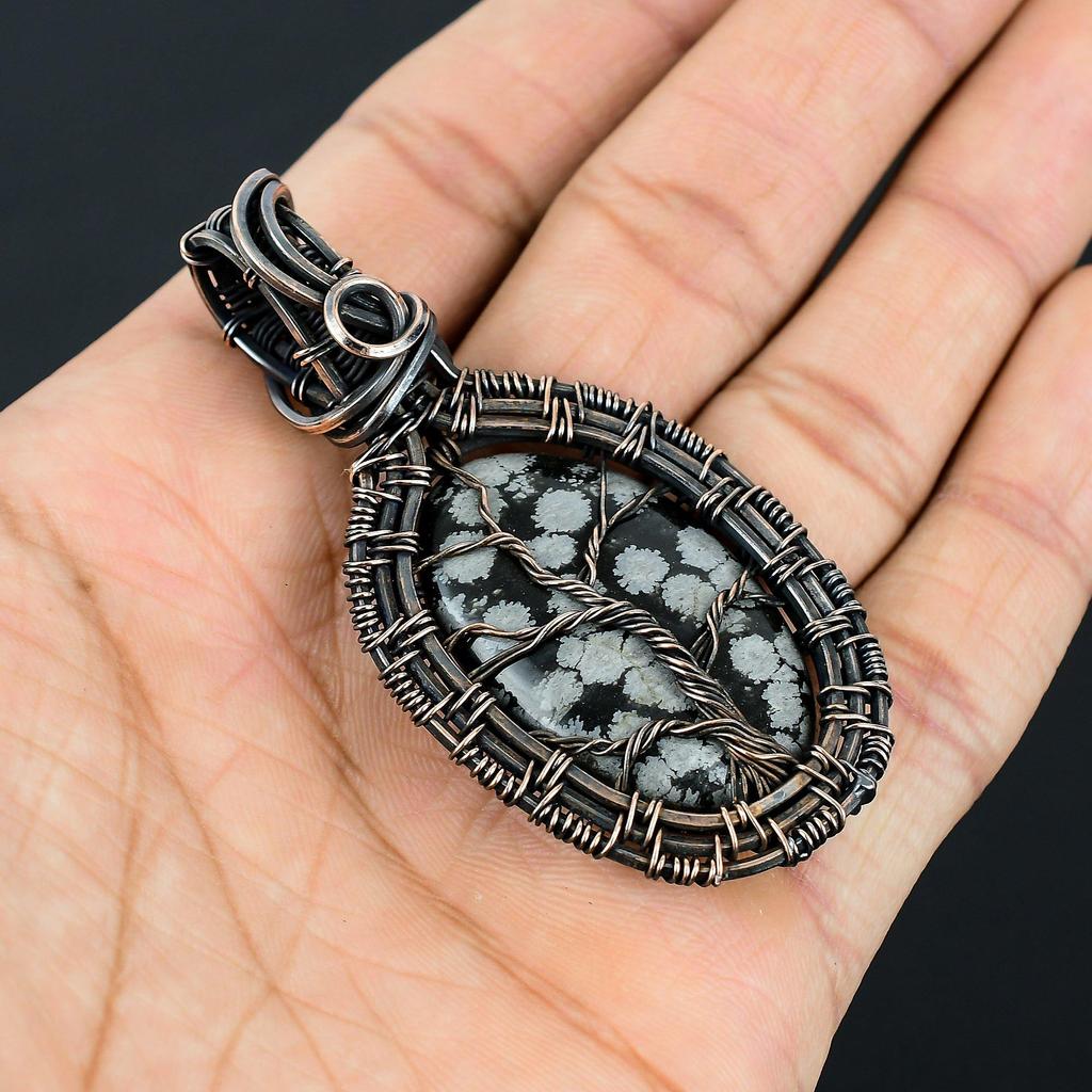 Tree Of Life Snowflake Obsidian Handmade Pure Copper Wire Wrap Amazing Jewelry Pendant