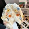 Женский осенне-зимний вязаный кардиган с вышивкой цветов, модный свитер с длинными рукавами контрастного цвета