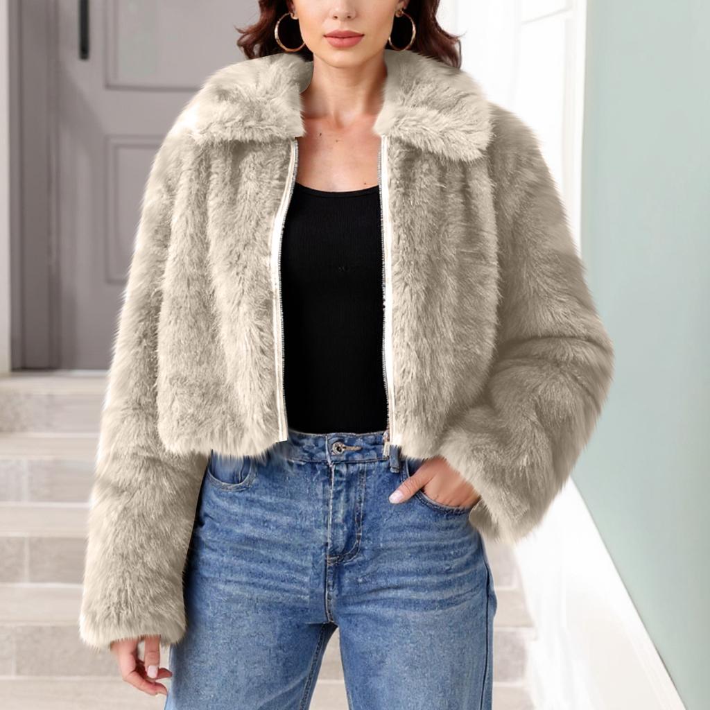 Women's Fashionable Warm Long Sleeve Solid-Color Furry Coat