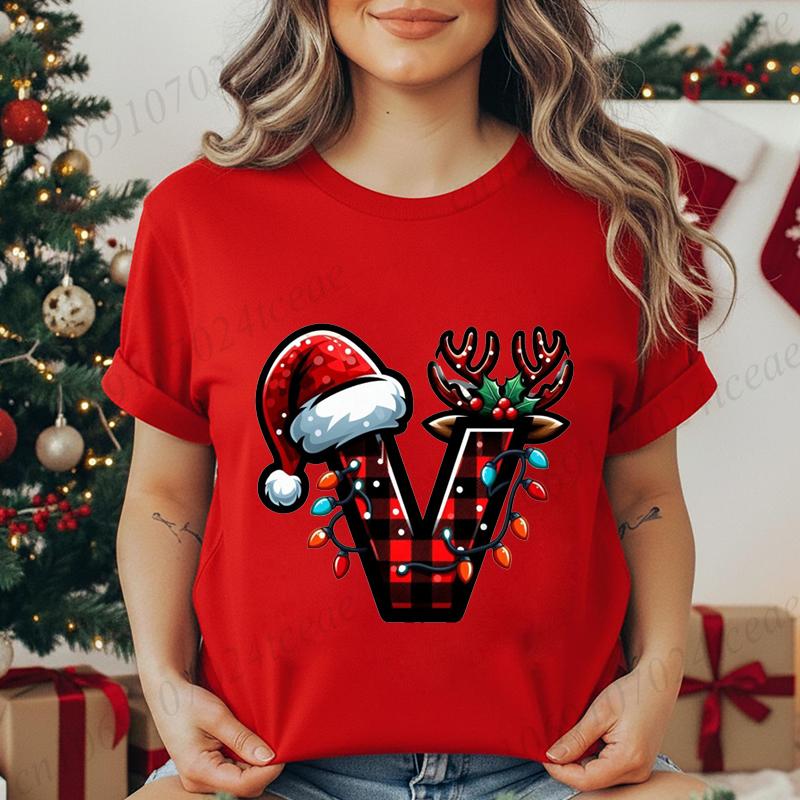 Christmas Alphabet Printed TShirt for Unisex Unisex Fashion Trendy Funny Casual Tops Santa Hat Reindeer Graphic Tshirt T Shirt