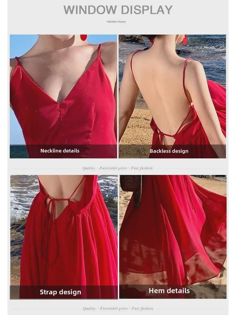 Элегантное красное пляжное платье Fairy: Длинная юбка Sanya Travel с открытой спиной