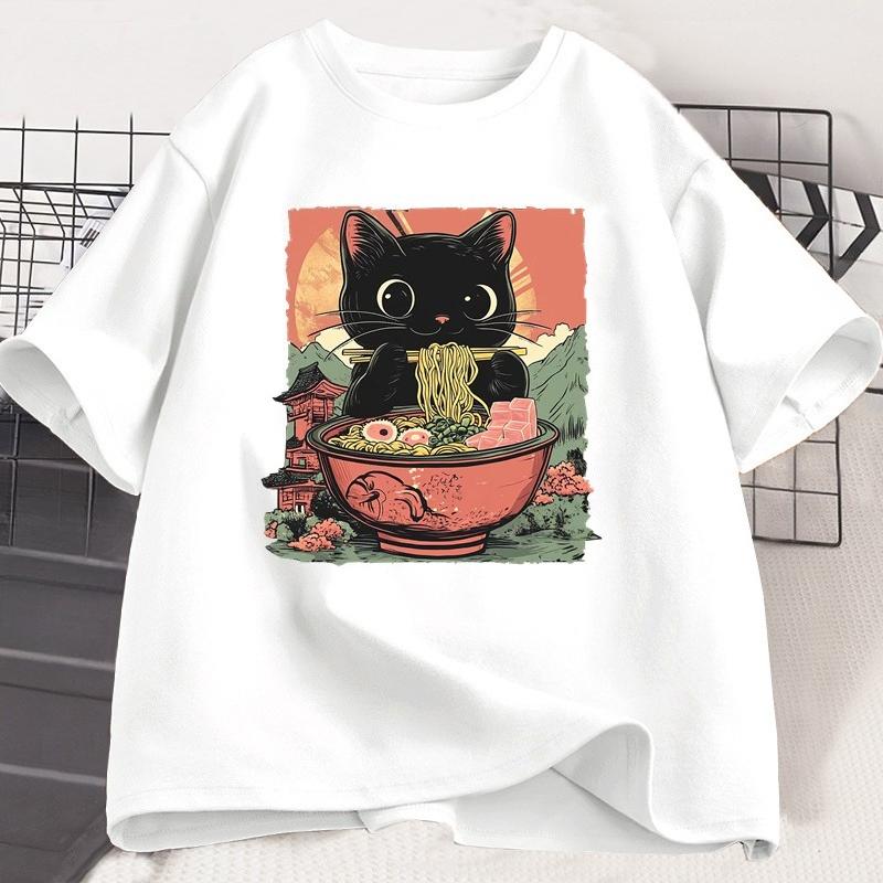 Cute Black Cat Eating RaUnisex TShirt Unisex WOMEN Adorable Graphic Tee Shirt Foodie and Cat Lover Tshirt Animal Printed Tees Top