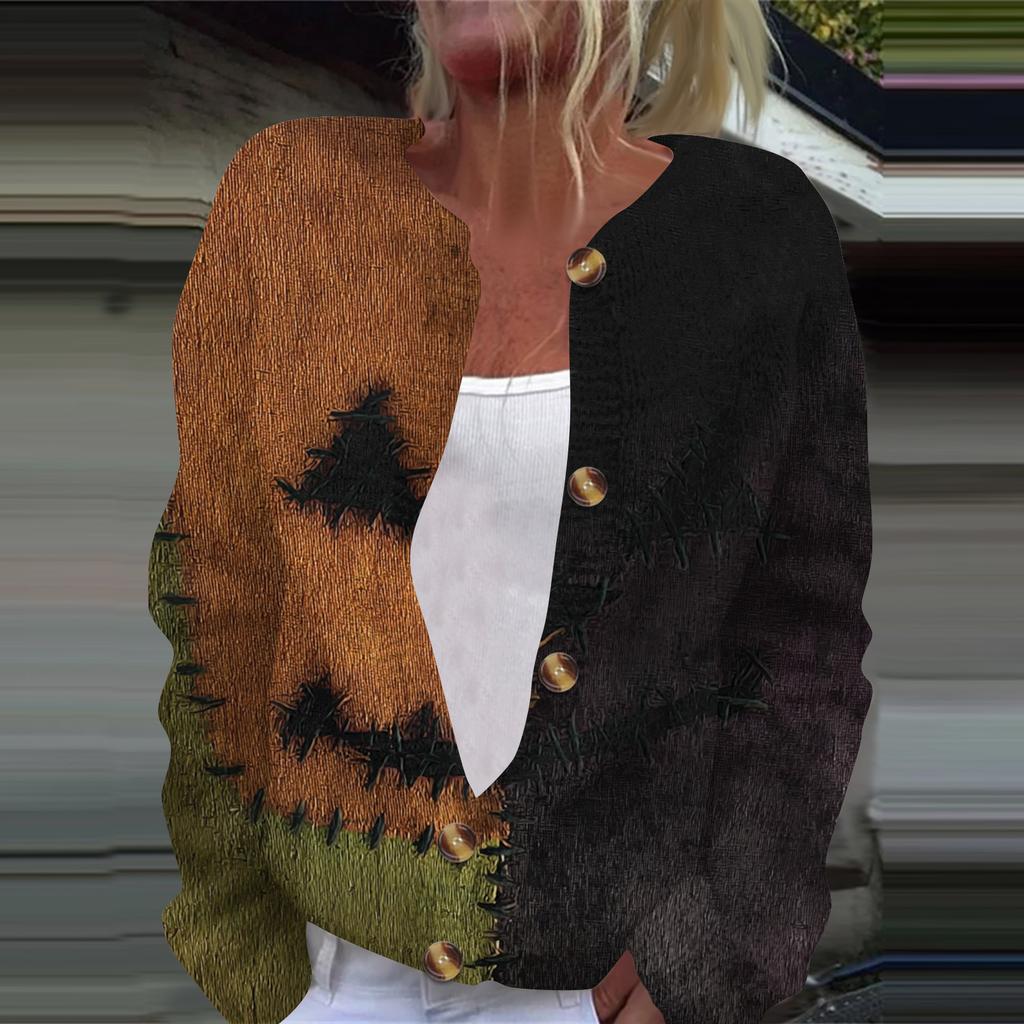 Women's Fashion Printed Long Sleeve Knitted Cardigan Button Down Jacket