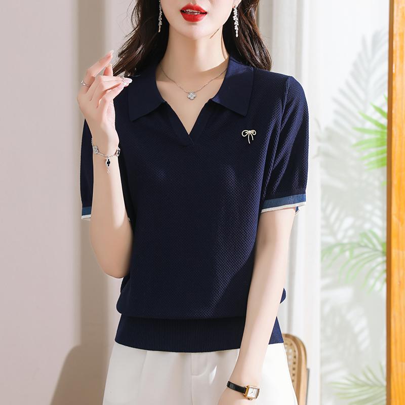 POLO воротник короткий рукав ледяной шелковый трикотажный свитер для женщин тонкая футболка топ летний наряд стильные футболки для мам
