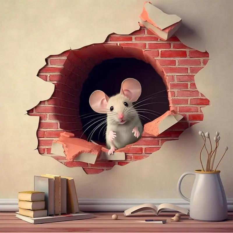 Милая наклейка на стену «Дыра в стене с мышью», Мышь, читающая книгу в дыре в стене, Наклейка, Наклейка «Дыра в стене», Декор «Мышь читает», Украшение комнаты